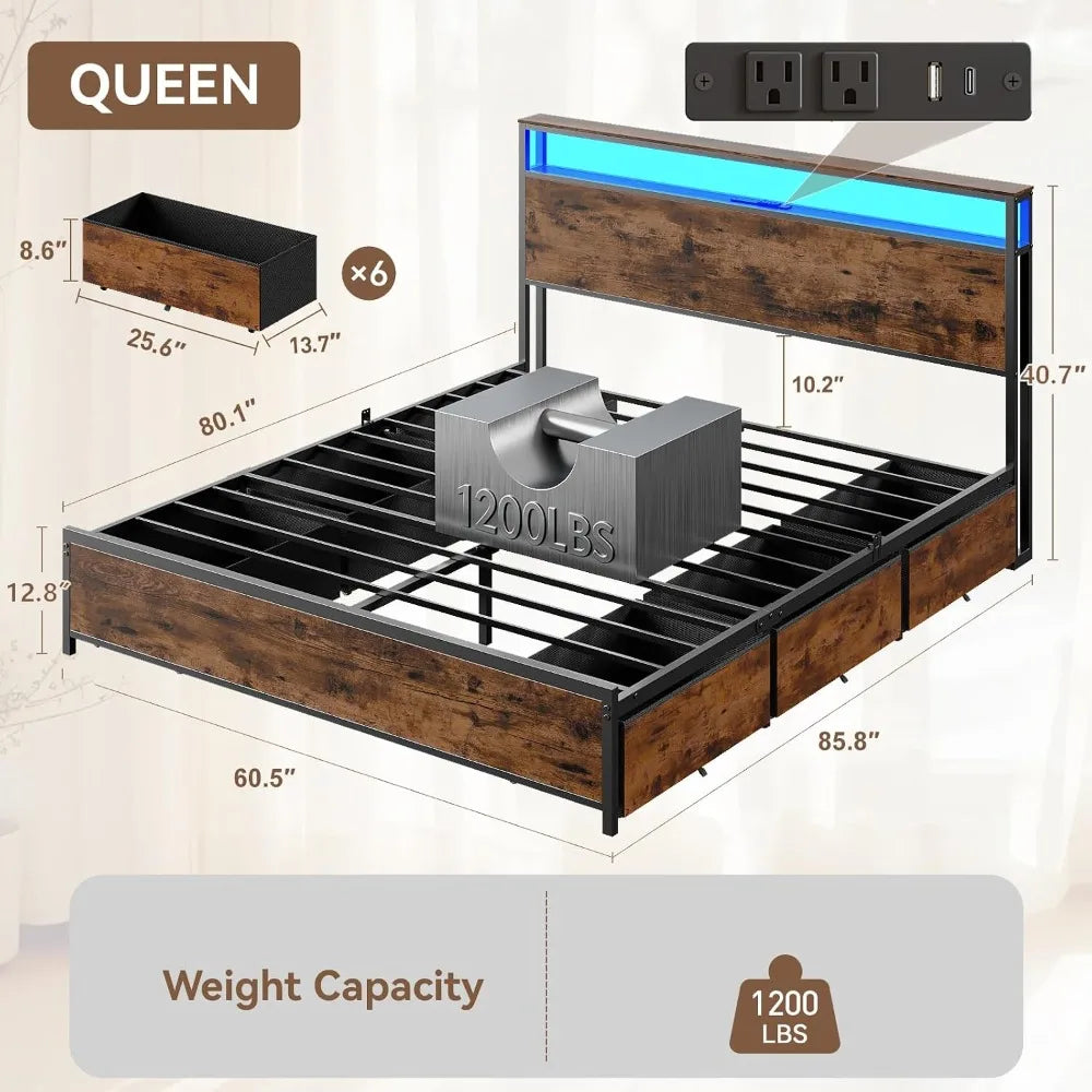 Queen Bed Frame with 2-Tier Storage Headboard & 6 Drawers, Heavy Duty Slats, USB & AC Ports, Brown