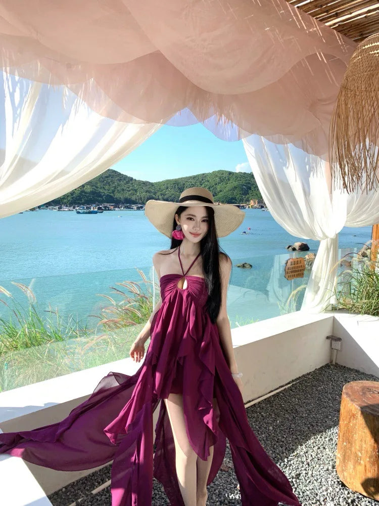 Purple Beach Vacation Photography Dress Women's Sleeveless Gown Luxury Design Sensation Halter Neck Chiffon Long Skirt