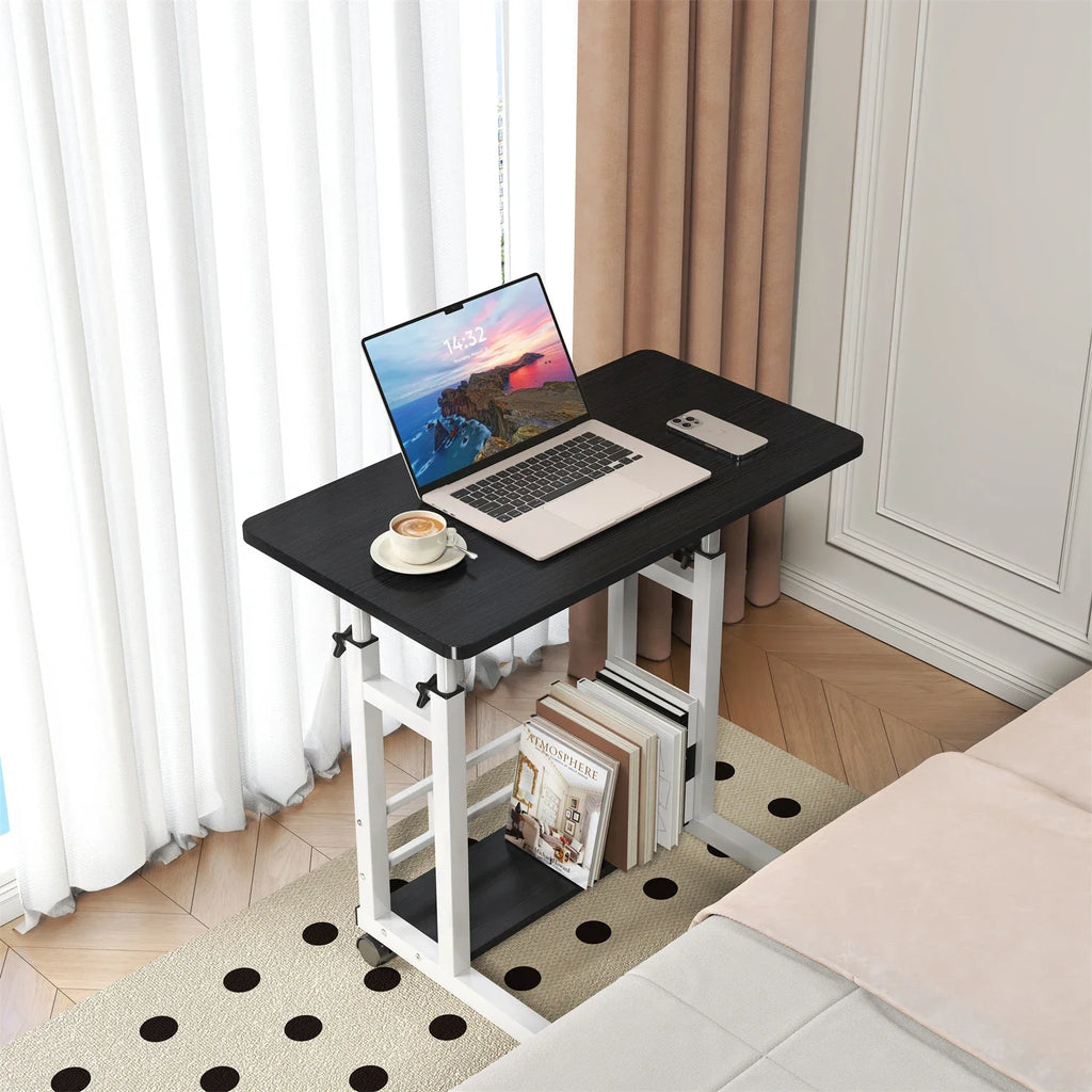 Adjustable Height Mobile Standing Desk, 60 cm x 40.0 cm Rolling Laptop Table with Storage Basket, Portable Sit to Stand Workstation with Locking Casters for Small Spaces, Home Office, Black