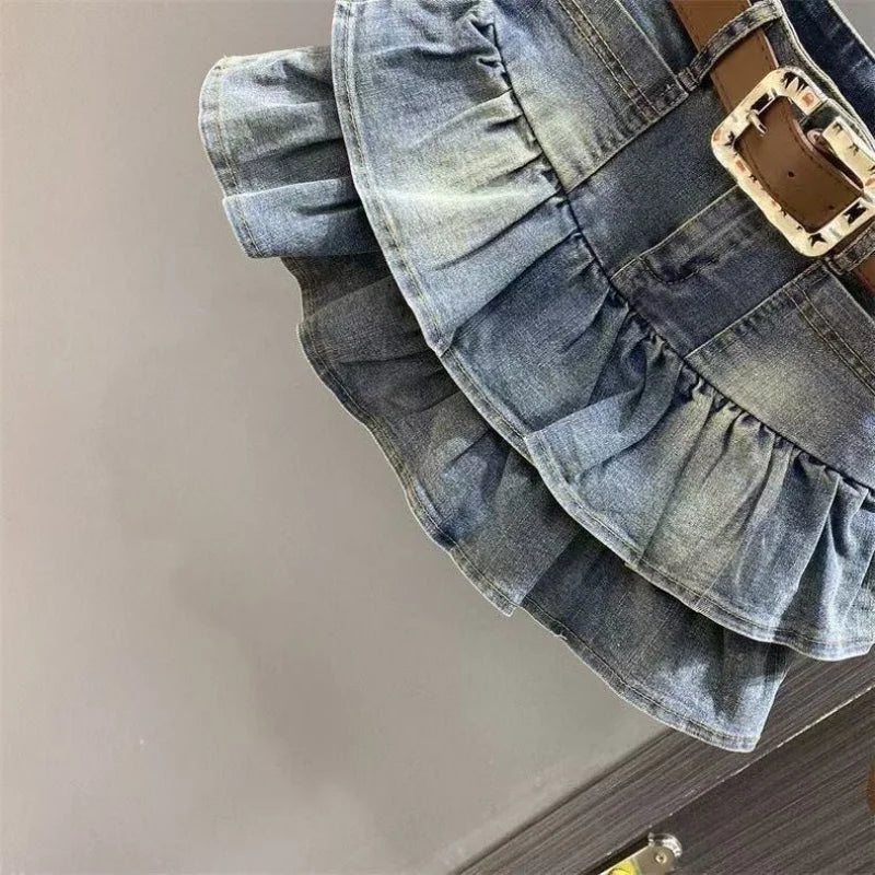 Girls Dress 2025 Summer New Denim Short Skirt Korean Version Flanged Cake Skirt Elastic Elastic Waist A-line Skirt Fashion 3-14Y