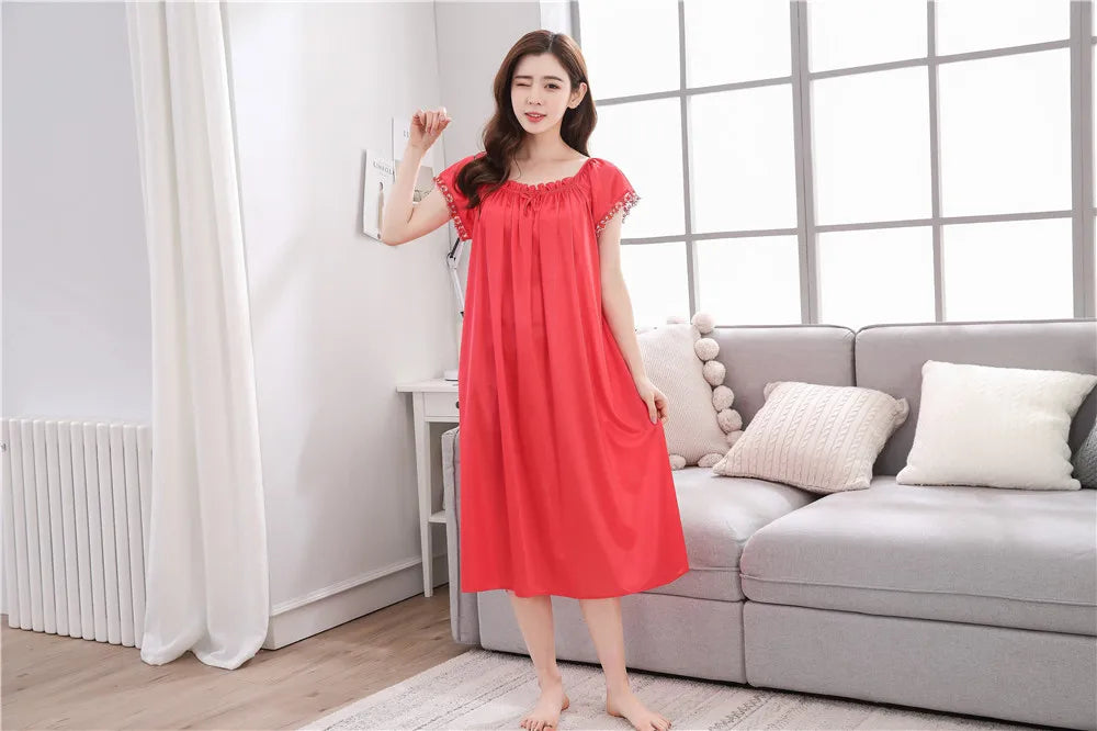 2026 New Women's Summer Imitation Silk Sleeping Skirt Multi Colored Short Sleeved Home Clothes Ice Silk Pajama Dress