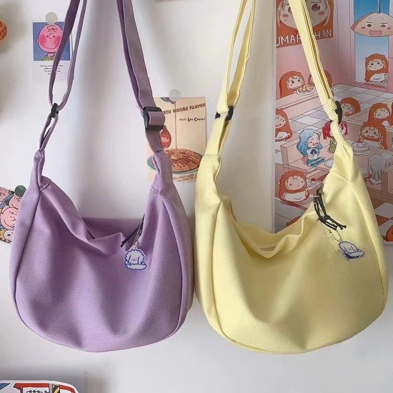Canvas Crossbody Bag, Large Capacity Casual Shoulder Purse with Cute Bag Charm, Adjustable Strap for Teen School Sling Bag