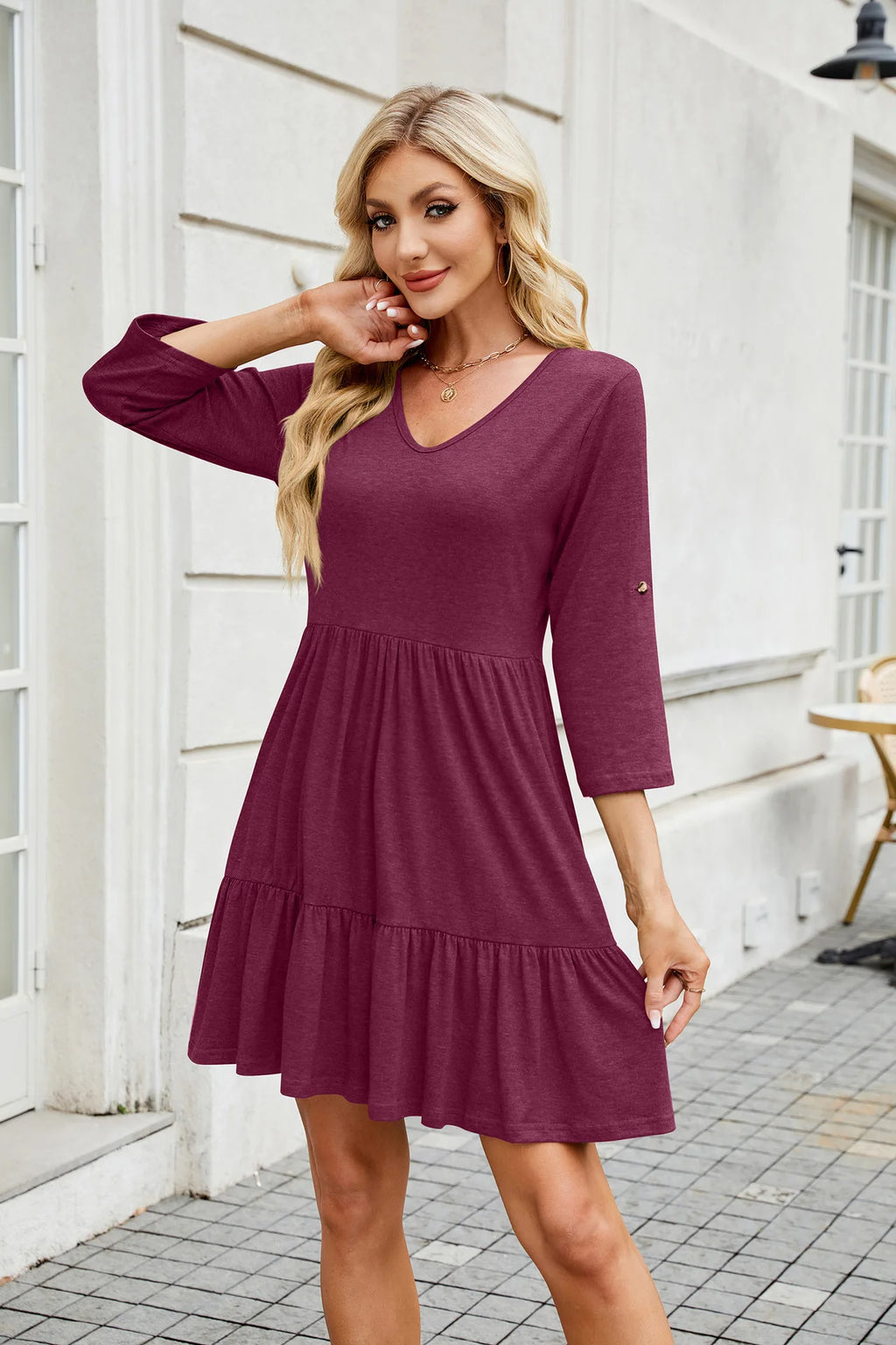 Women Spring Summer Loose 3/4 Sleeve V-Neck Ruched Ruffled Flowy Midi Dress EU US