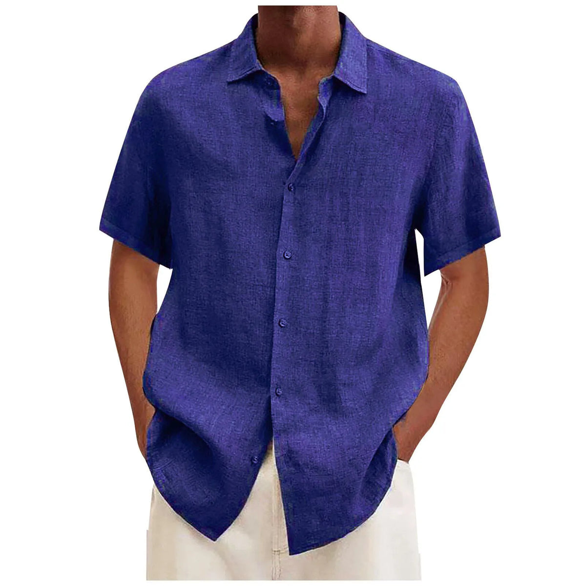 ISHOWTIENDA Men's Cotton Linen Short Sleeve Casual Shirt - Solid