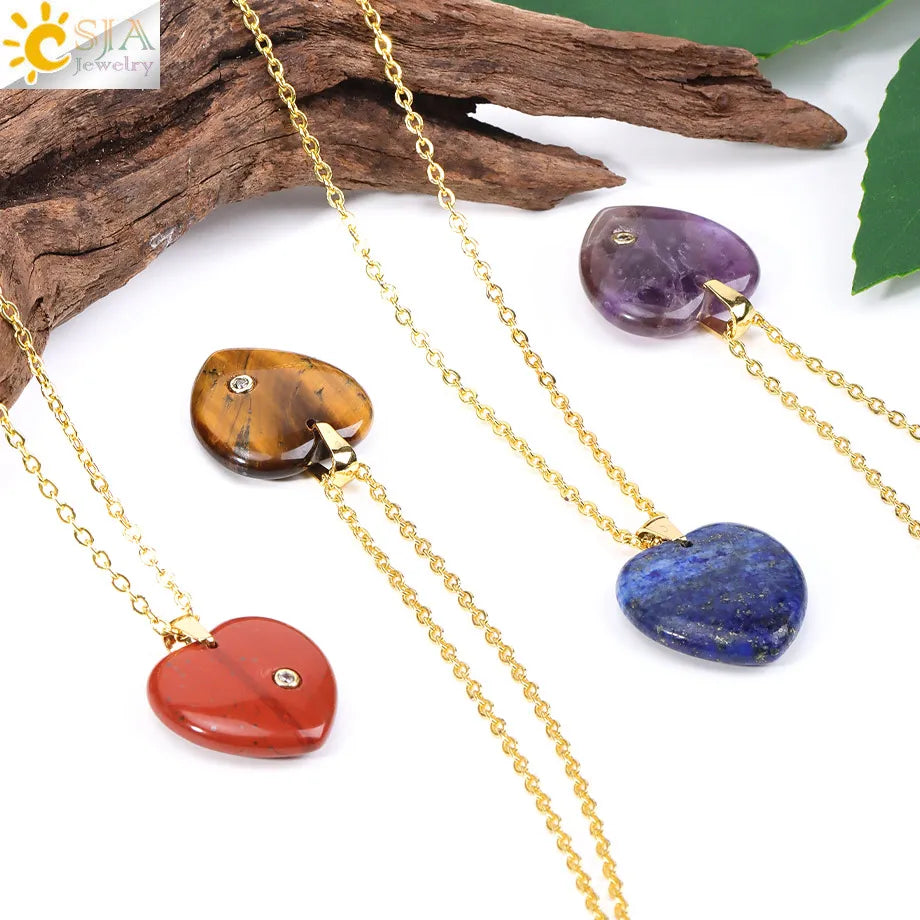 Csja Stainless Steel Natural Stone Heart Pendant Necklaces Charms Crystal Amethyst Rose Quartz Necklace Accessory Making H840