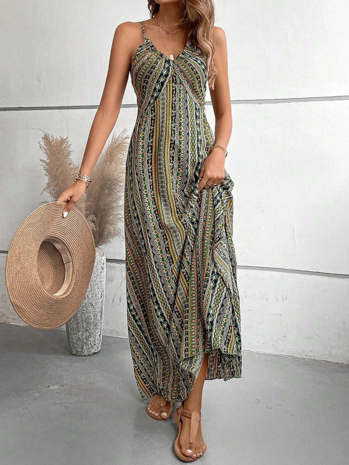 Women's Summer Ethnic Pattern Backless Split Thigh Dress Ladies Summer Clothes Boho Fashion Frill Trim Long Dress for Beach