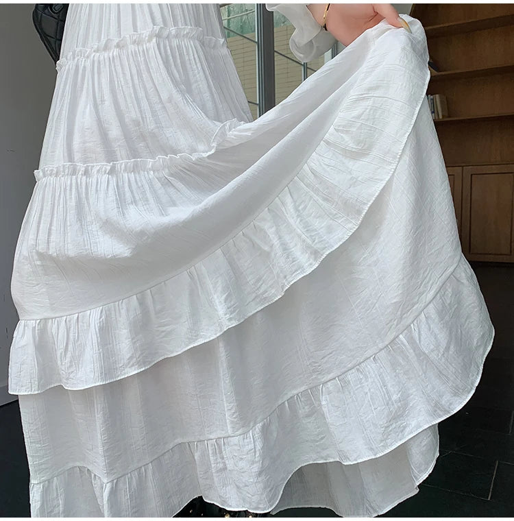 White Tiered Ruffle Hem Skirt 2025 - High Waist Flowy A-Line Maxi Skirt, Summer Chiffon Layered Skirt with Pleats