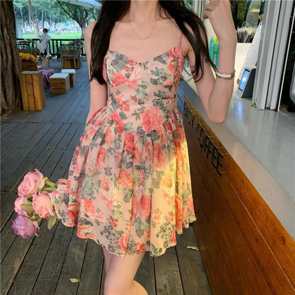 Women's Floral Print A-line Dress with Adjustable Straps and High Waist Design for Spring Summer Autumn Winter Wear
