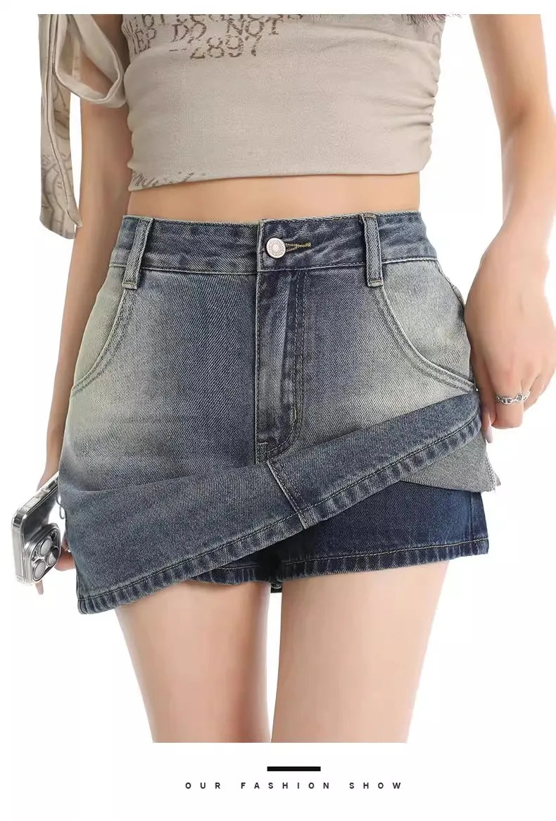 Retro American Washed Slim Fit Denim  Skirt Women Summer Hot Girl High Waist Bodycon Anti Exposure a Line Half Body Skirt