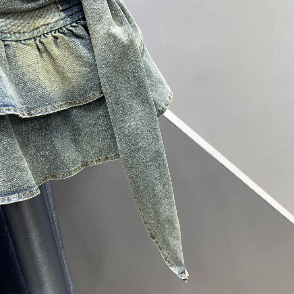 2026 Autumn New Spice Girl Retro Denim Cake Skirt, Women's High Waist Layered Ruffle Leaf Edge Mini Skirt, Blue Black Faldas