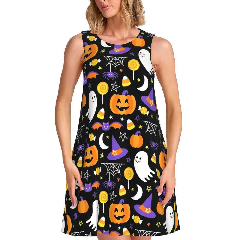 Happy Haunts Tank Dress Halloween Pumpkin Aesthetic Dresses Sleeveless Cute Dress Hot Sale O Neck Ladies Printed Clothing