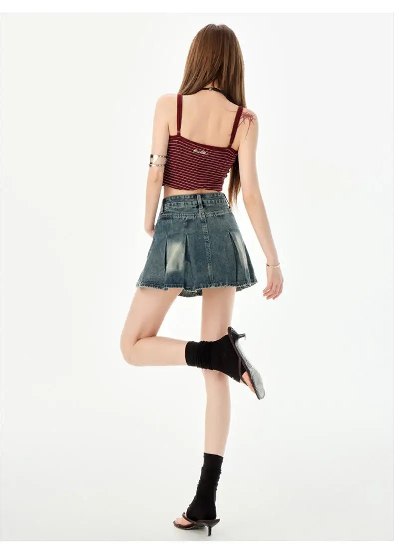Trendy High Waist Pleated  Denim Skirt Women's Spring Summer New Lazy Style A-Line Half-length Jeans Skirts