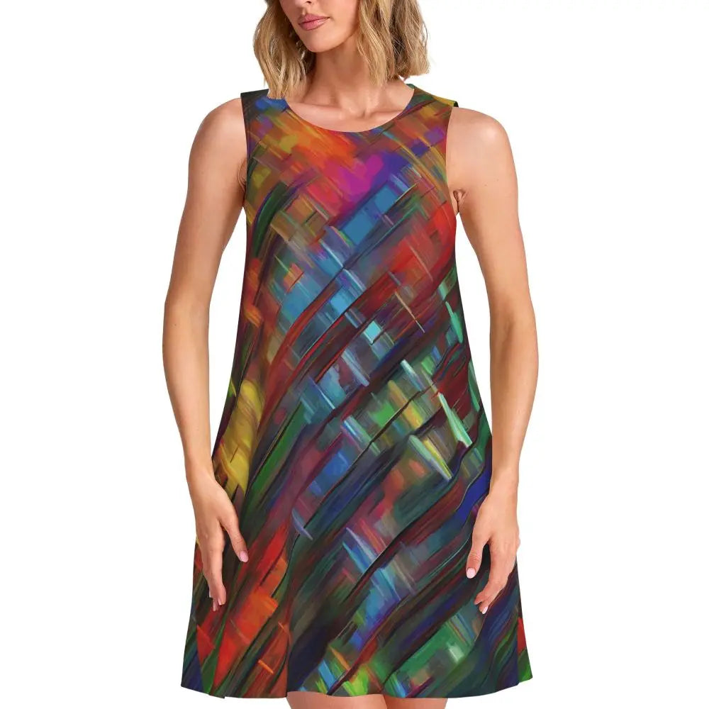 Abstract Paint Brush Tank Dress Red Blue Yellow Street Wear Dresses Summer Print Night Club Dress Wholesale Sleeveless Clothing