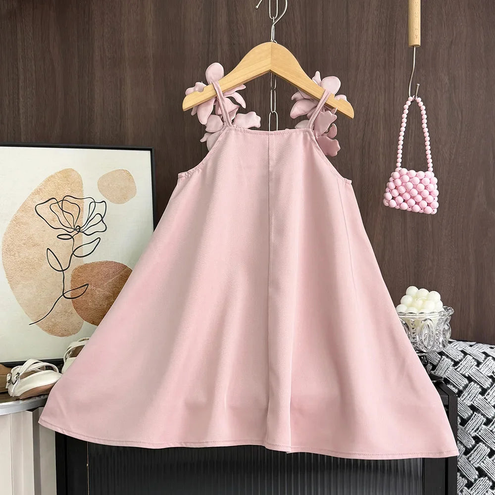 Korean Version 2 3 4 5 6 7-year-old Solid Color Girls' Casual Clothes Summer 3D Flower Princess Dress Fashionable and Elegant