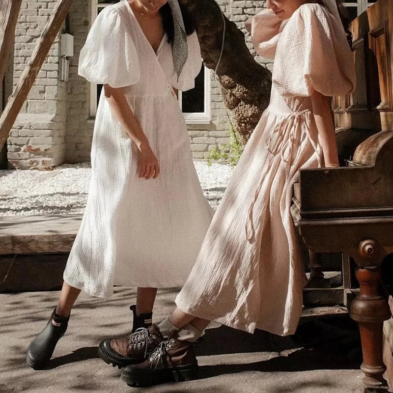 Vintage 100% Cotton Women's Dress Retro Crepe Gauze V-Neck Puff Sleeve Bandage Lace Up Elegant Dresses For Women Long Maxi Robe