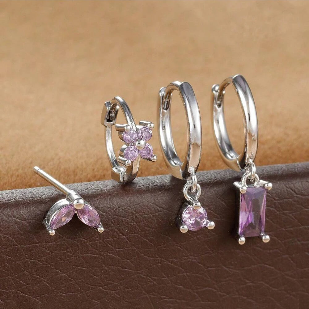 Cubic Zirconia Flower Hoop Earrings 4 Piece Set 18K Gold Plated Stainless Steel For Women