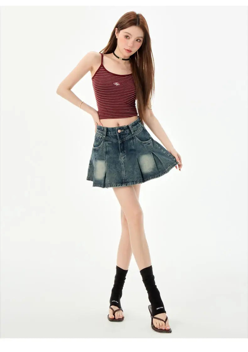 Trendy High Waist Pleated  Denim Skirt Women's Spring Summer New Lazy Style A-Line Half-length Jeans Skirts