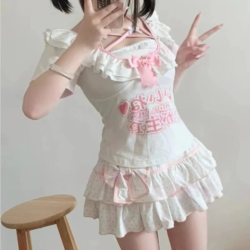Deeptown Harajuku Y2k Lolita Mini Skirt Women Bow Japanese Style Kawaii Pleated Skirts Sweet Dot Ruffles Cake Layered Skirts
