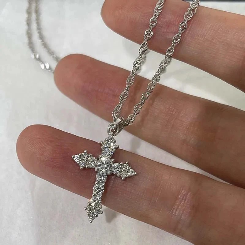 Shiny Crystal Zircon Cross Pendant Necklace For Women'S Girls Punk Silver Color Thin Chain Necklace Jewelry Birthday