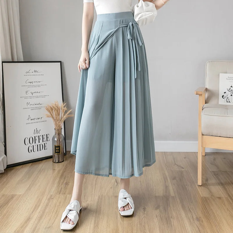 Summer Elastic Pleated Skirt Women Chiffon Trouser Skirt High Waist Casual Wide Leg Pants Fashion Streetwear Pants Pantalones