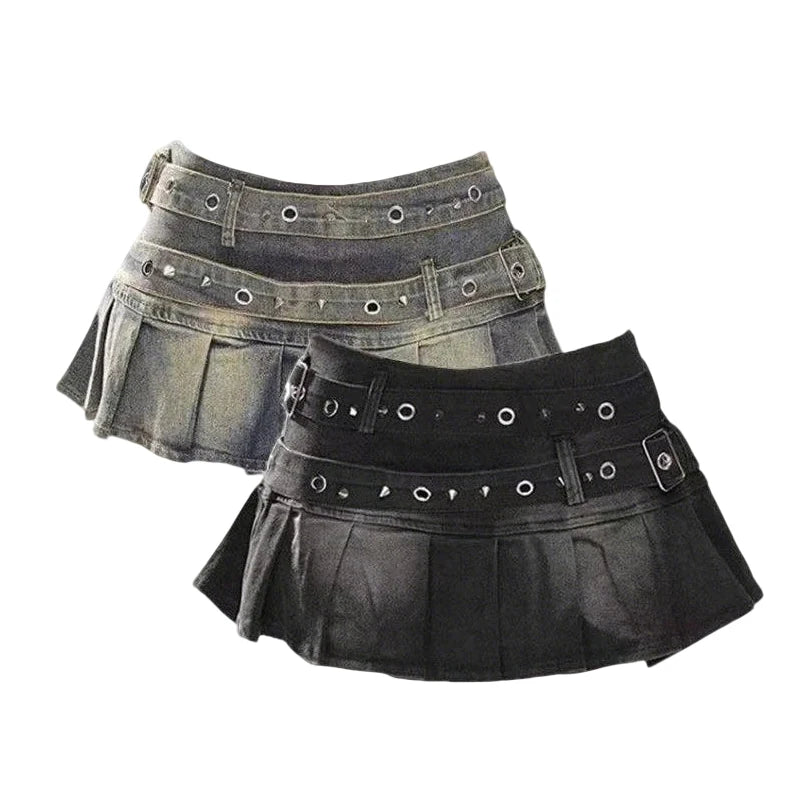 Women's Denim Skirt with Studded Belt Low Rise Pleated Mini Skirt Blue Black Jean Skirts Alt Girls Y2K Punk 90s