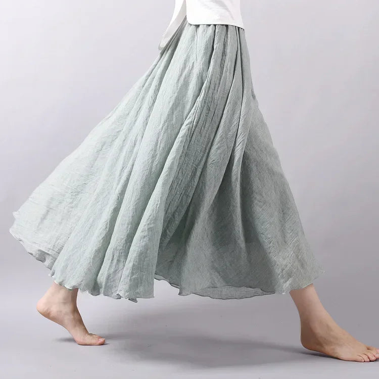 High Quality Cotton Linen Maxi Skirt Women Casual Elastic High Waist Pleated A-Line Beach Skirts Boho Saia Feminina Faldas Jupe