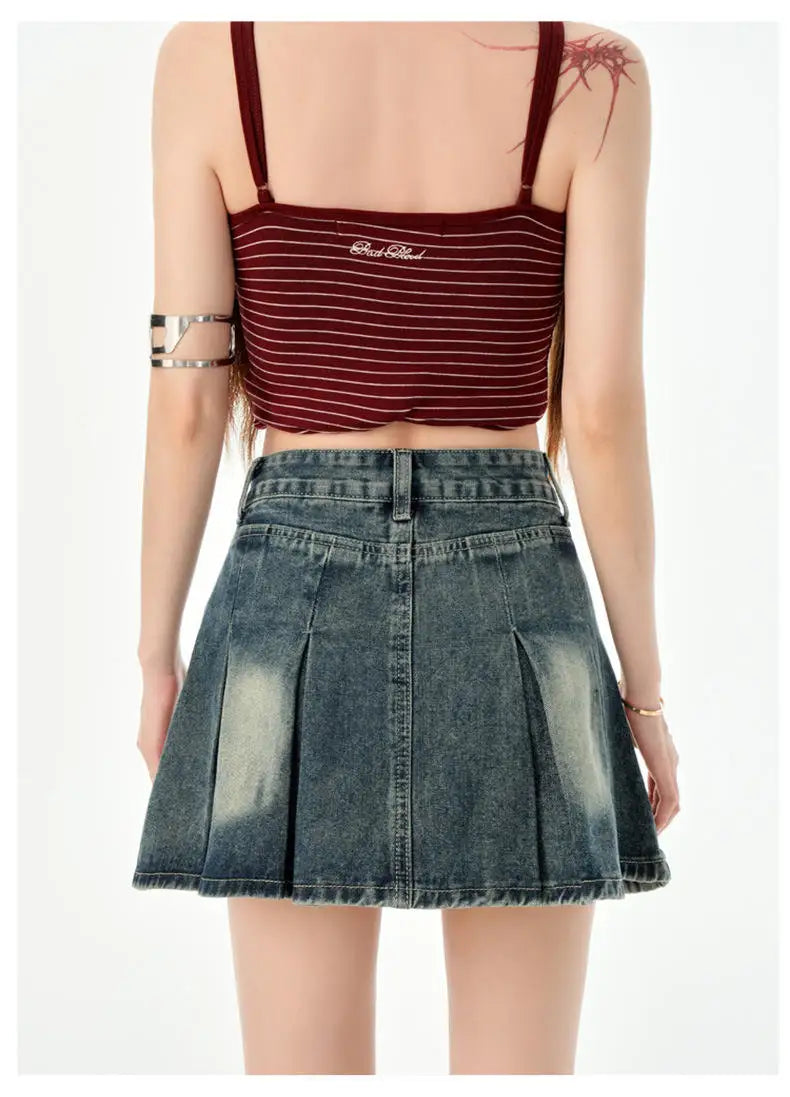 Trendy High Waist Pleated  Denim Skirt Women's Spring Summer New Lazy Style A-Line Half-length Jeans Skirts
