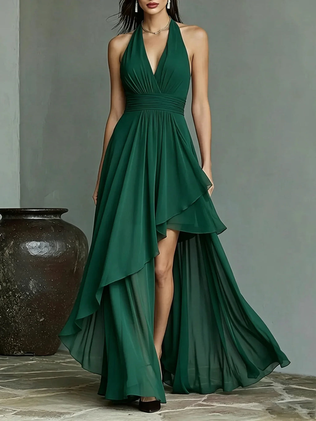 New Summer Women Chiffon Evening Gown Halter V‑Neck Backless Waist‑Cinching Formal Dress For Wedding Guest Cocktail Party