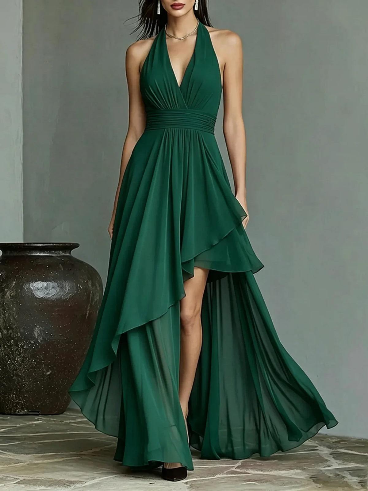 New Summer Women Chiffon Evening Gown Halter V‑Neck Backless Waist‑Cinching Formal Dress For Wedding Guest Cocktail Party
