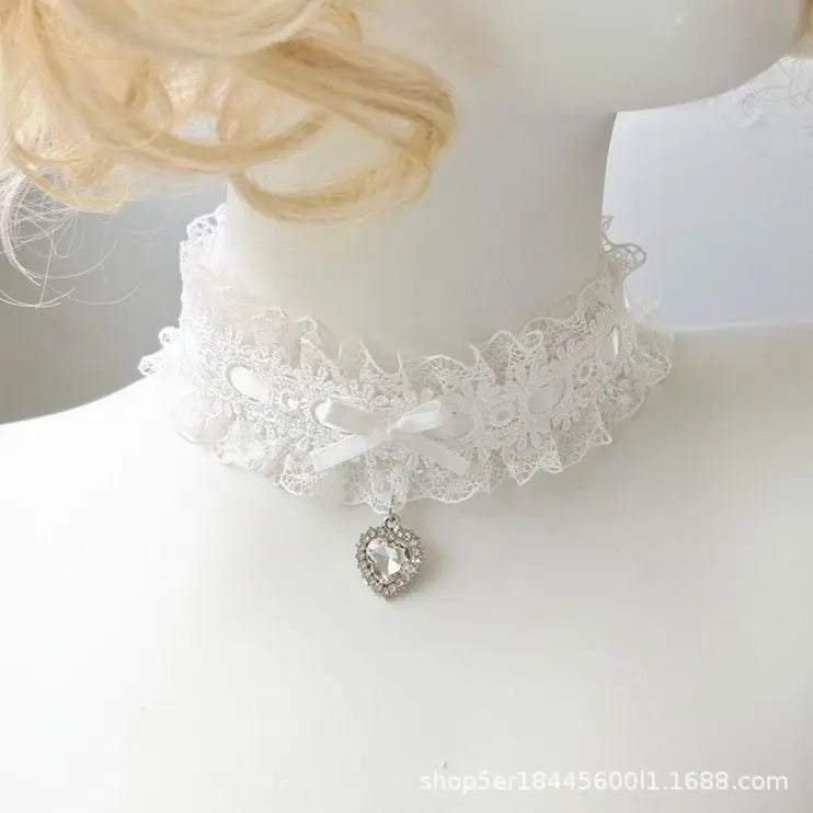 Lace Bow Necklace With Heart Gem Charm For Lolita Cosplay And Wedding Jewelry Collection