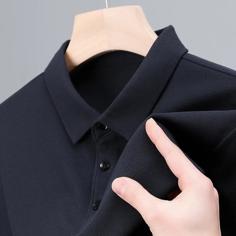 Men'S Fashion Waffle Solid Short Sleeved Polo Shirt Summer Breathable Comfortable Top