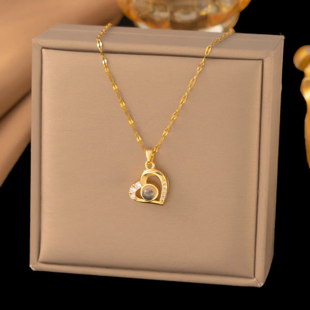 New Micro-Inlay Zircon Swan Flower Heart Projection Moon Pendant Necklace For Women'S Stainless Steel Valentine'S Day Jewelry