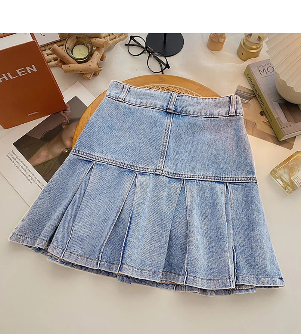 Women Pleated Denim Mini Skirt Summer High Waist Double Button Slim A-Line Skirts with Safety Shorts Y2K Style Party Wear Skirt