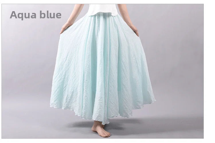 New In 2026 Spring Summer Woman Cotton Linen Midi Skirt Solid Color Loose Flared Pleated A-line Skirt Female Sweet Elegant Skirt