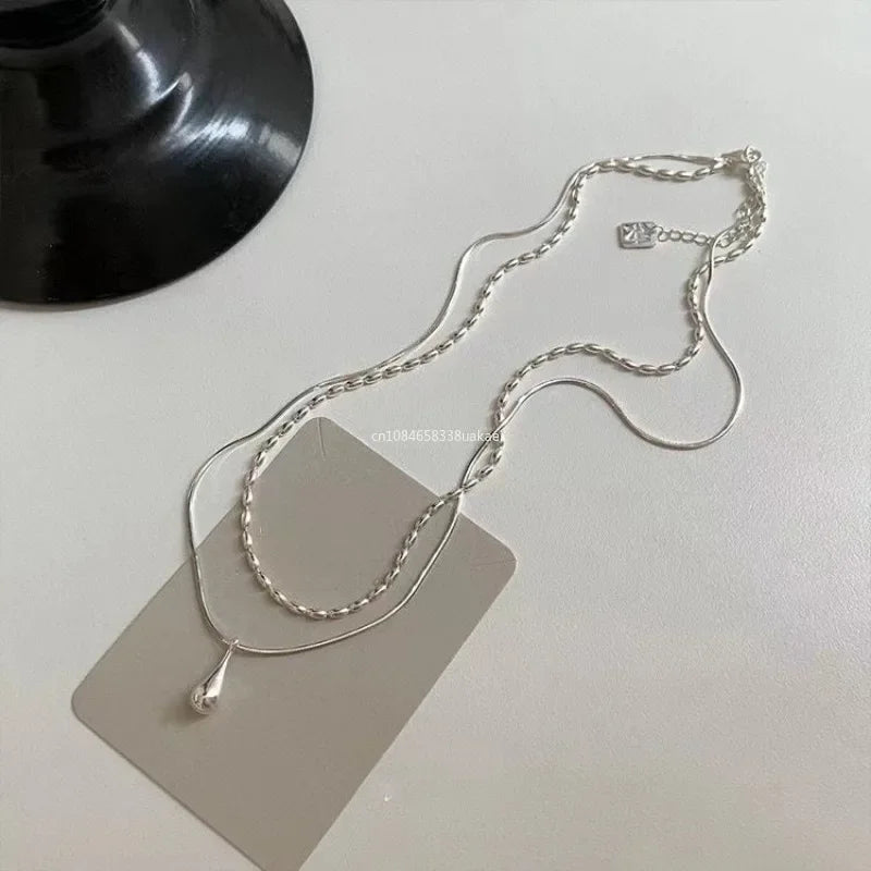 2025 Silver Design Drop Pendant Necklace For Women'S Double Collar Chain Fashion Fine Jewelry Gifts Long Layered Necklace
