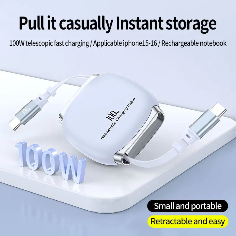PD 100W Retractable USB-C Fast Charging Cable – iPhone & Android Compatible