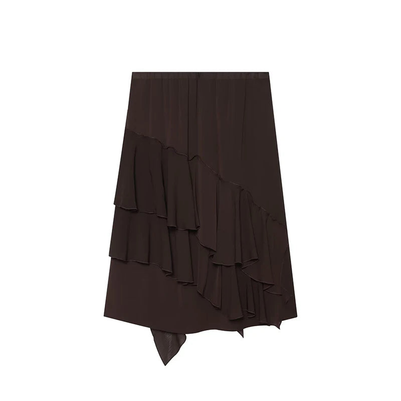 Women's Skirts Summer 2026 New Brown Ruffled Elastic Waist Skirts Women's Fashion Elegant Office Youth Summer Skirts Street