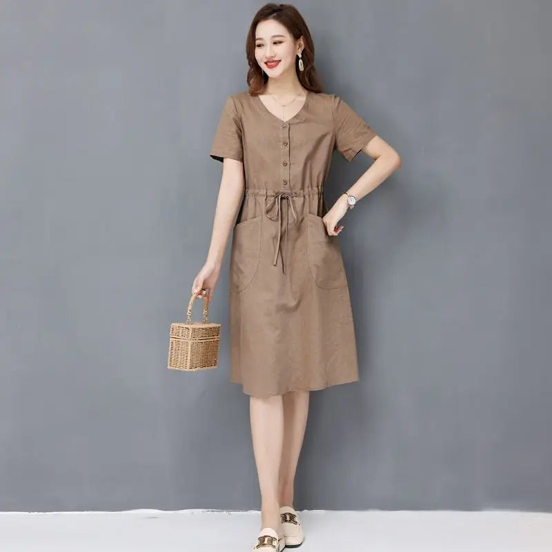 Elegant Cotton and Linen Women's Dress Draw String High Waist Breathable Midi Dresses Half Sleeve V-Neck A-Line Dress Summer