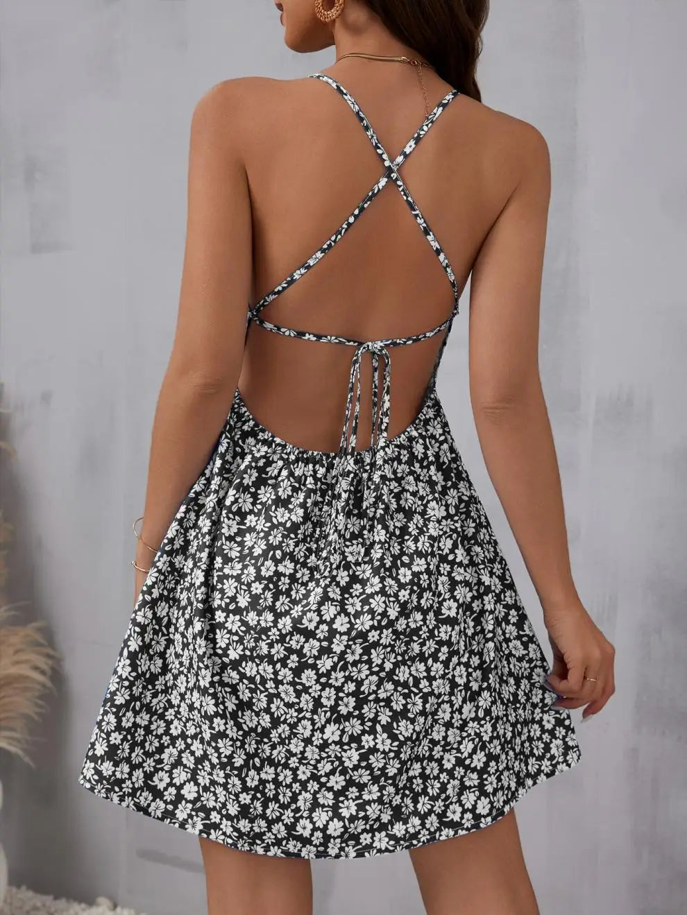 Elegant Floral Print Spaghetti Strap Dress Backless Tie Back Slim Vacation Summer Women Dress