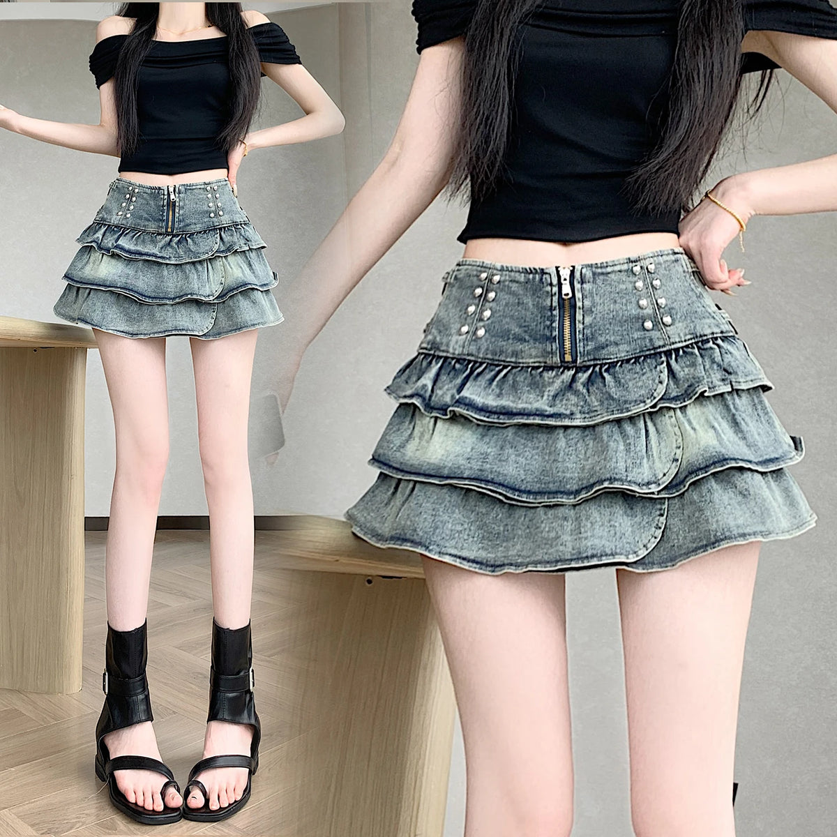 Hotsweet Summer Women Mini Denim Skirt High Waist Zipper Layered Ruffles Skirt Stylish Feminine Streetwear Slim Ball Gown Skirt