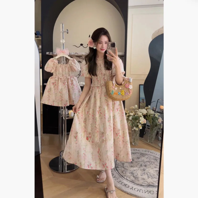 Parent-child Clothing Floral Dress Sweet Cute Children's Clothing Skirt Mother Same Mother-daughter Clothing Bubble Sleeve Skirt