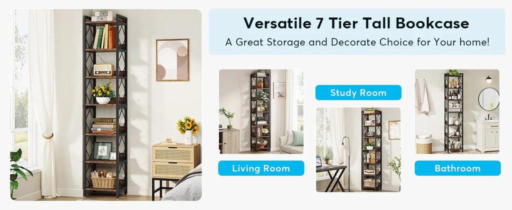 Tribesigns 78.7 Inch Extra Tall Narrow Bookshelf, 7 Tier Skinny Bookcase for Small Spaces, Freestanding Display Shelves