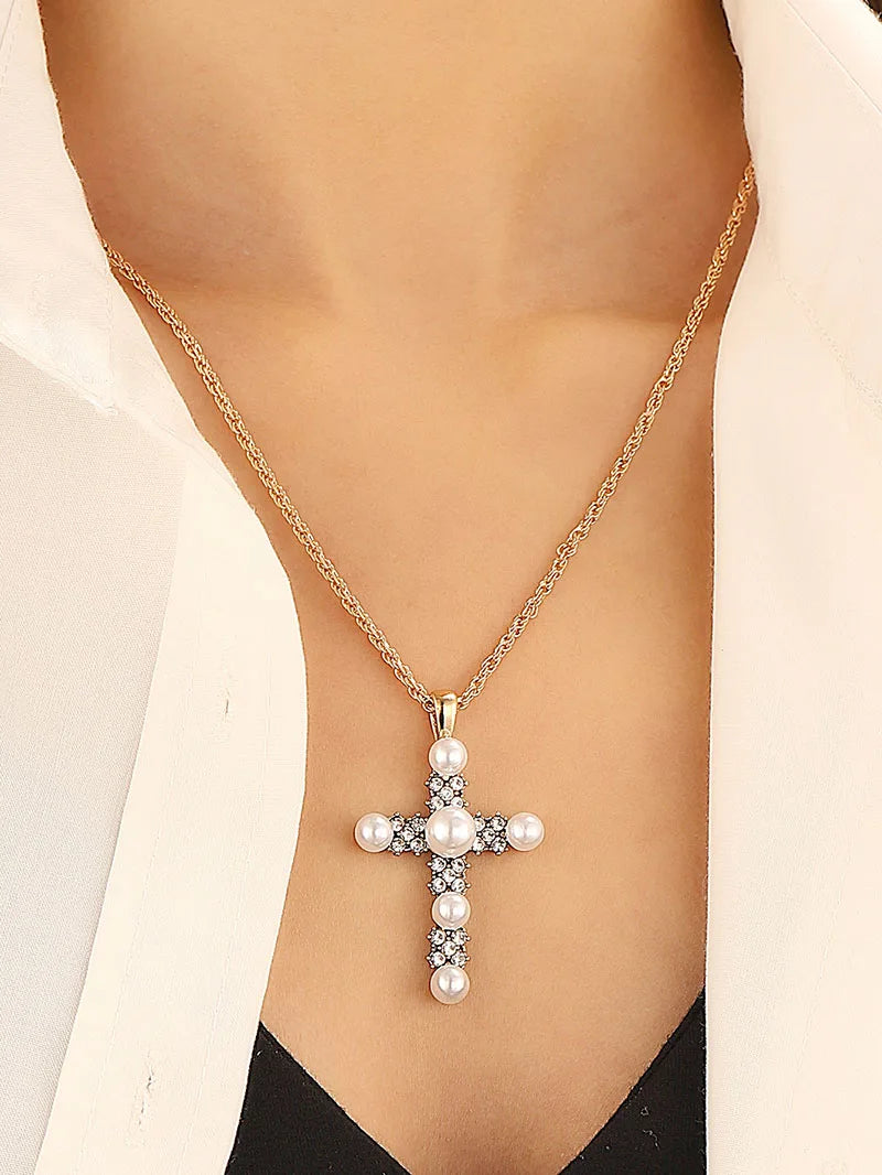 Punk Cross Pendant Gothic Imitation Pearls Necklace For Man Woman Y2K Choker Hiphop Star Trend Jewelry Premium Clavicle Chain