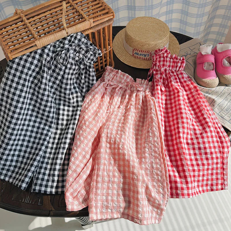 Kids Pants Plaid Printed Wide-leg Pants Flower Waist Summer Culottes Girls Pants Kids Clothes for Girls 2 To 8 Years