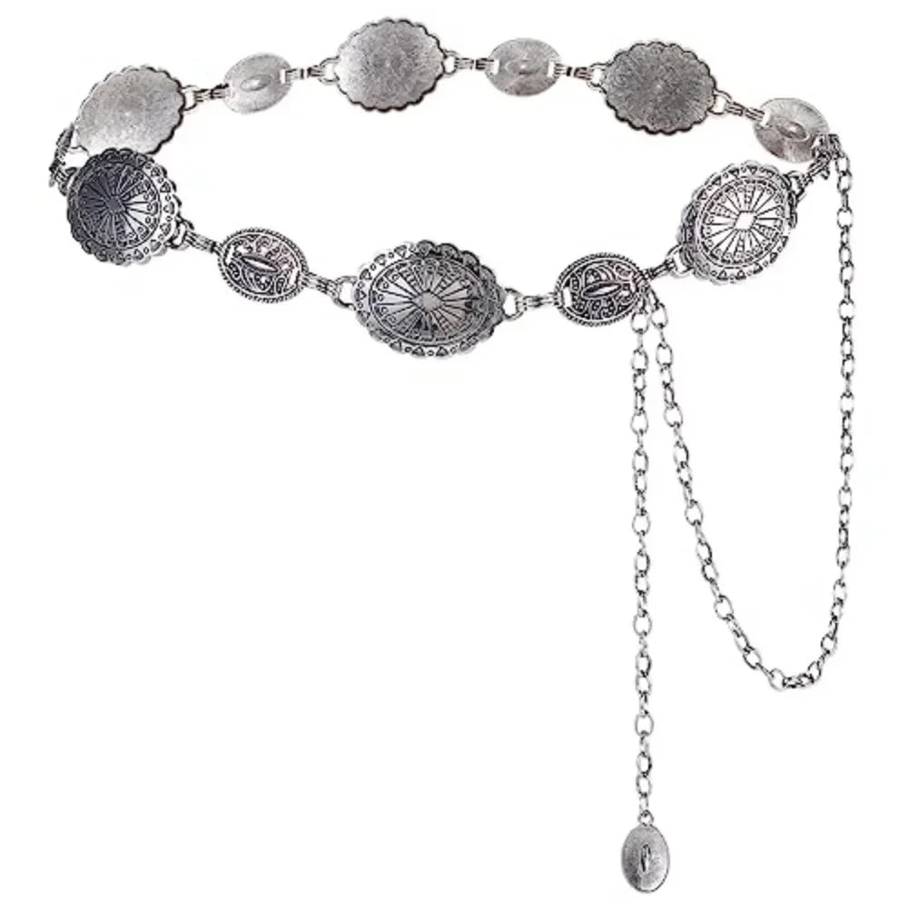 Metal Chain Belt For Women'S Cowgirl Western Country Chain Belts Adjustable Concho Belt For Sweaters Dresses Jeans