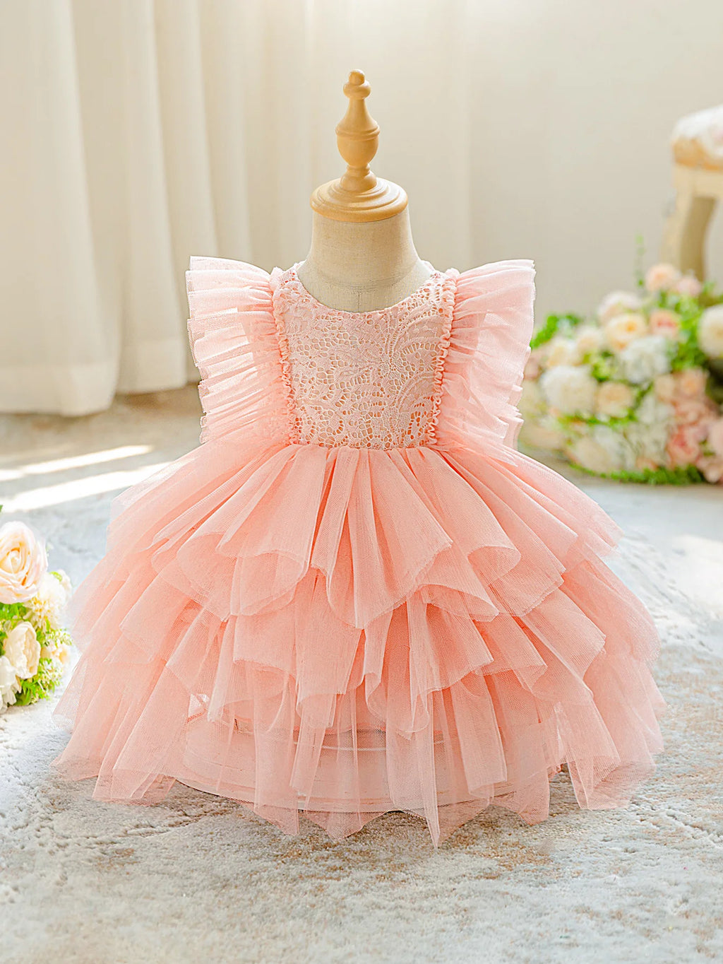 Elegant Party Baby Girls Dress Fly Sleeves Tulle 1st Birthday Bridesmaids Wedding Prom Girl Dress Toddler Flower Baptism Costume