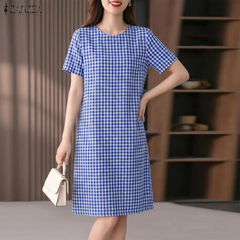 ZANZEA Women's Vintage Gingham Short Sleeves Dresses O-Neck Knee-Length Dress 2026 Summer Daily Casual Commute Robes Femme