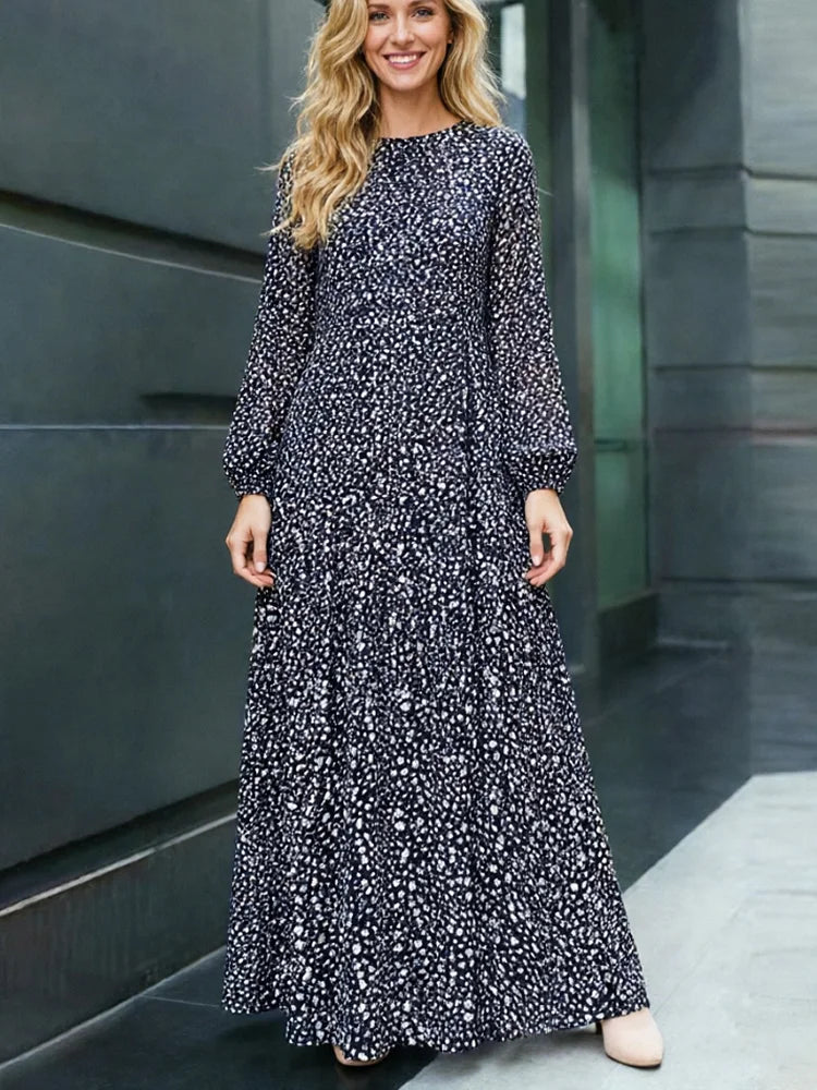 New Fashion Polka Dot Long Sleeve Long Dress for Women Spring Summer O Neck Evening Party Dresses Loose Waist Lady's Dress Robe