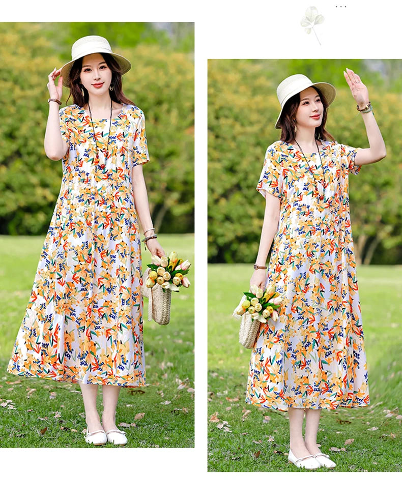 New Print plus size 2026 New Fashion Floral Printed Summer Dress Vestidos Elegant Short Sleeve Slim O-Neck Party Women clothing