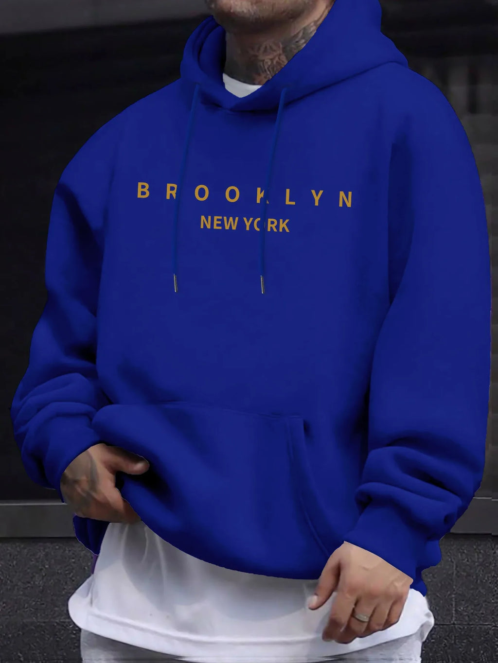 Men's autumn and winter casual fashionable loose brooklyn letter print long sleeved hooded warm sports pullover